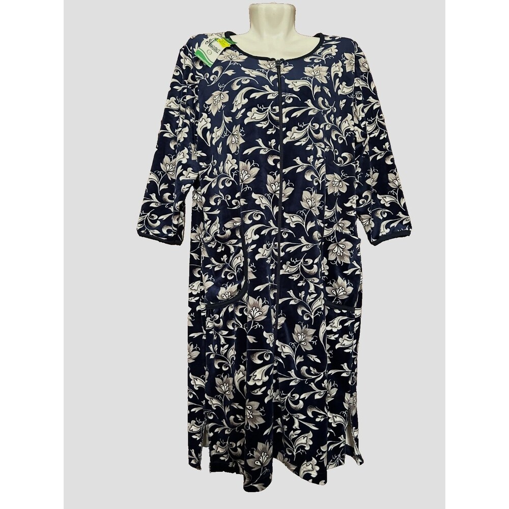 Womens L Navy Blue Floral Print Soft Velour Zip Front Robe 3/4 Sleeve HouseDress
